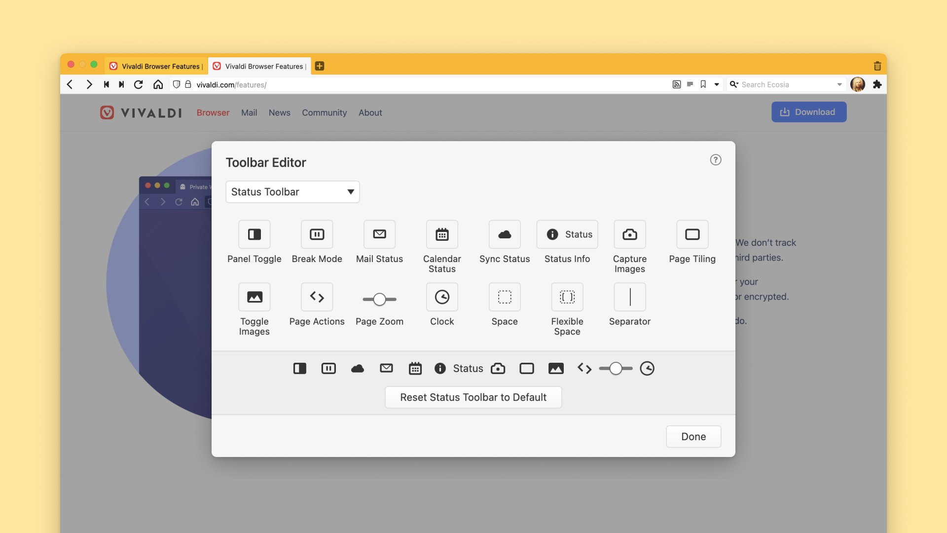 Editor de barras de ferramentas no navegador Vivaldi