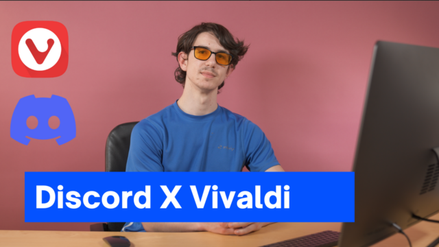 A Discord user is seated at a desk with a computer, ready to try Vivaldi browser.