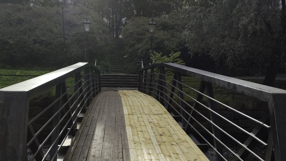 A bridge with a wooden walkway in two different shades