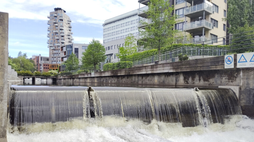 A small waterfall in a residential area