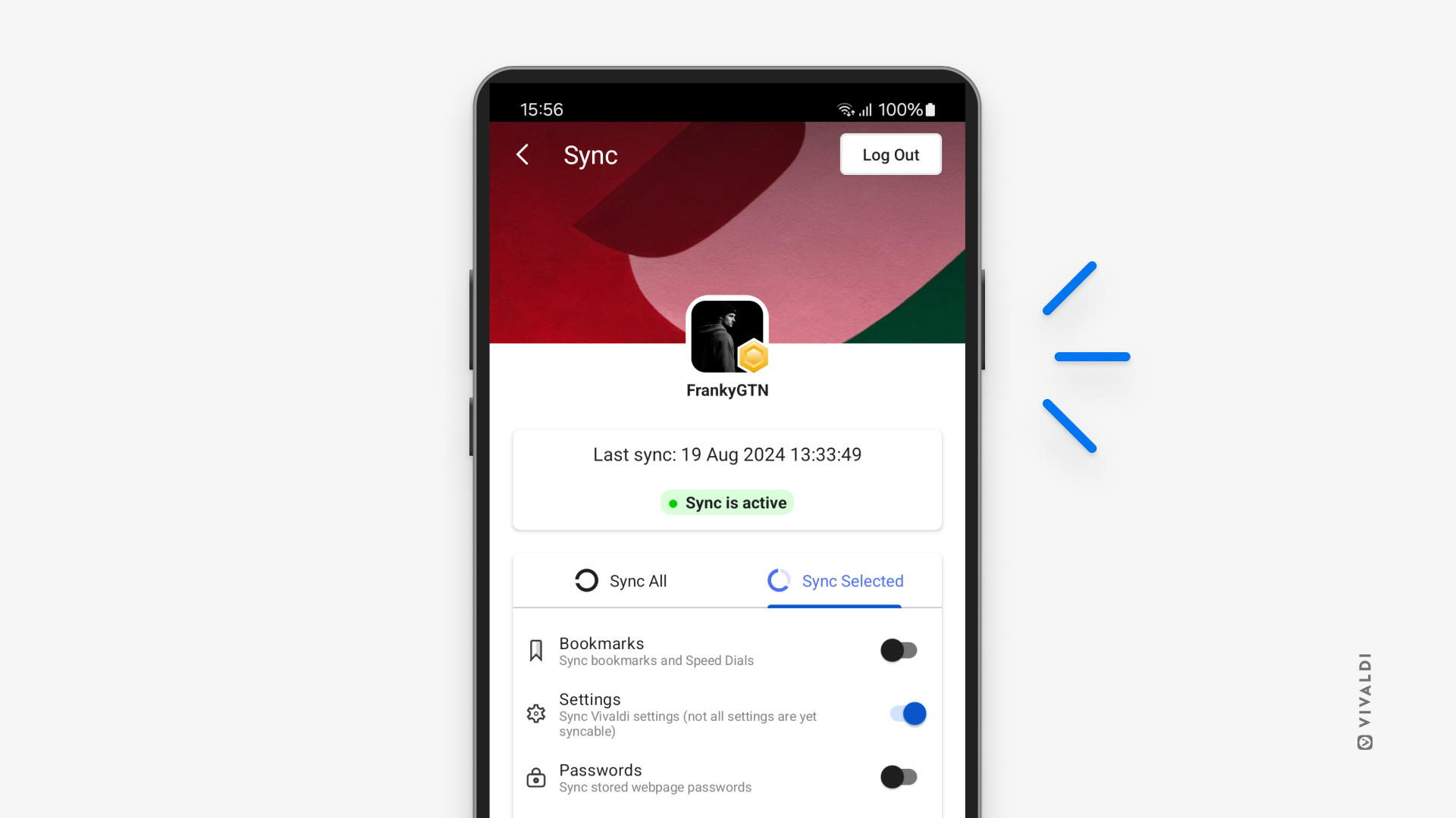 Vivaldi on Android showing Sync settings with a supporter badge on top of the avatar.