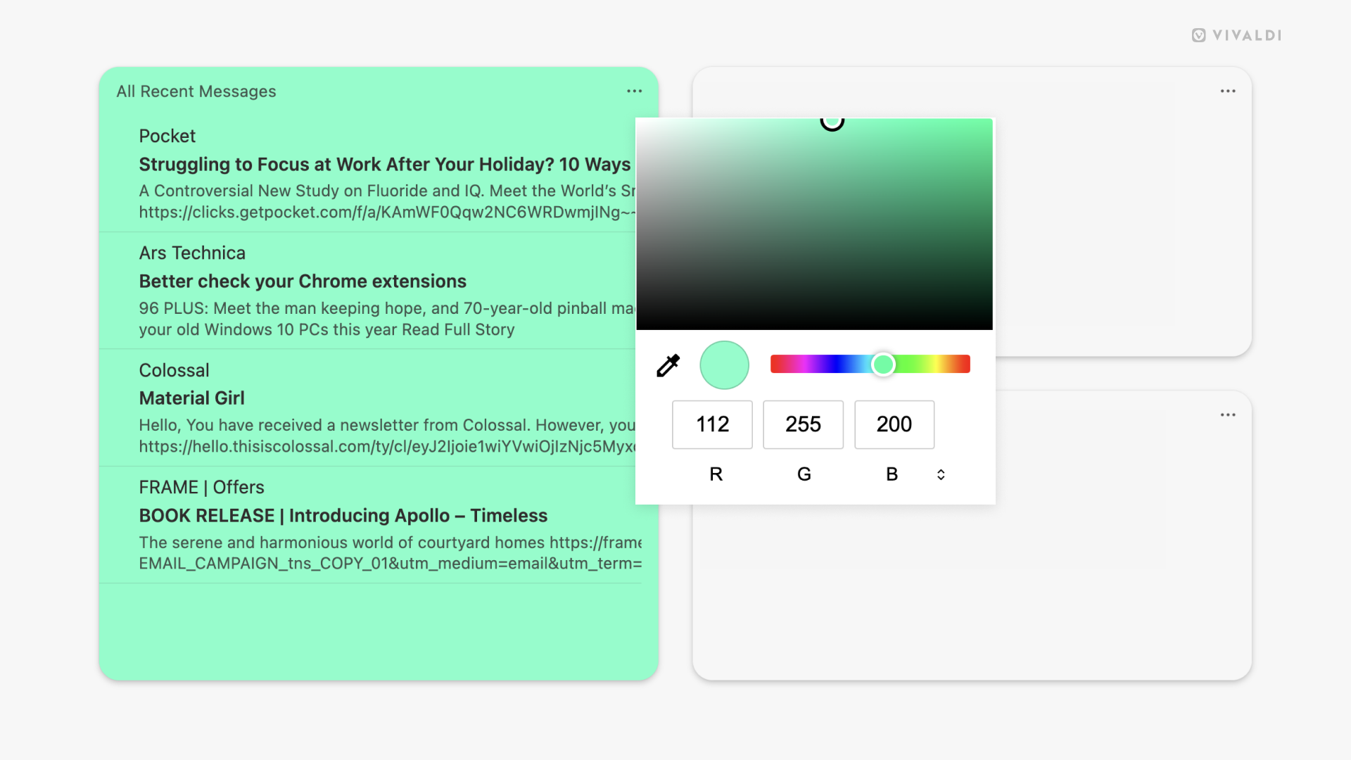 A widget with a color menu open to give it a custom background color.