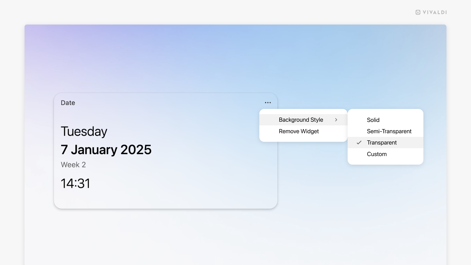 Vivaldi のスタートページダッシュボードにある日付ウィジェット。ウィジェットのメニューが開いていて、背景スタイルのオプションが表示されている状態