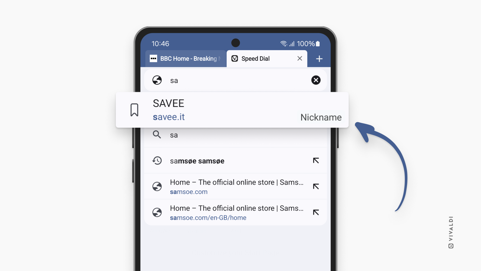 Image of Vivaldi 6.8 browser on Android. The option to find bookmarks using their given nicknames has been added to this update. 