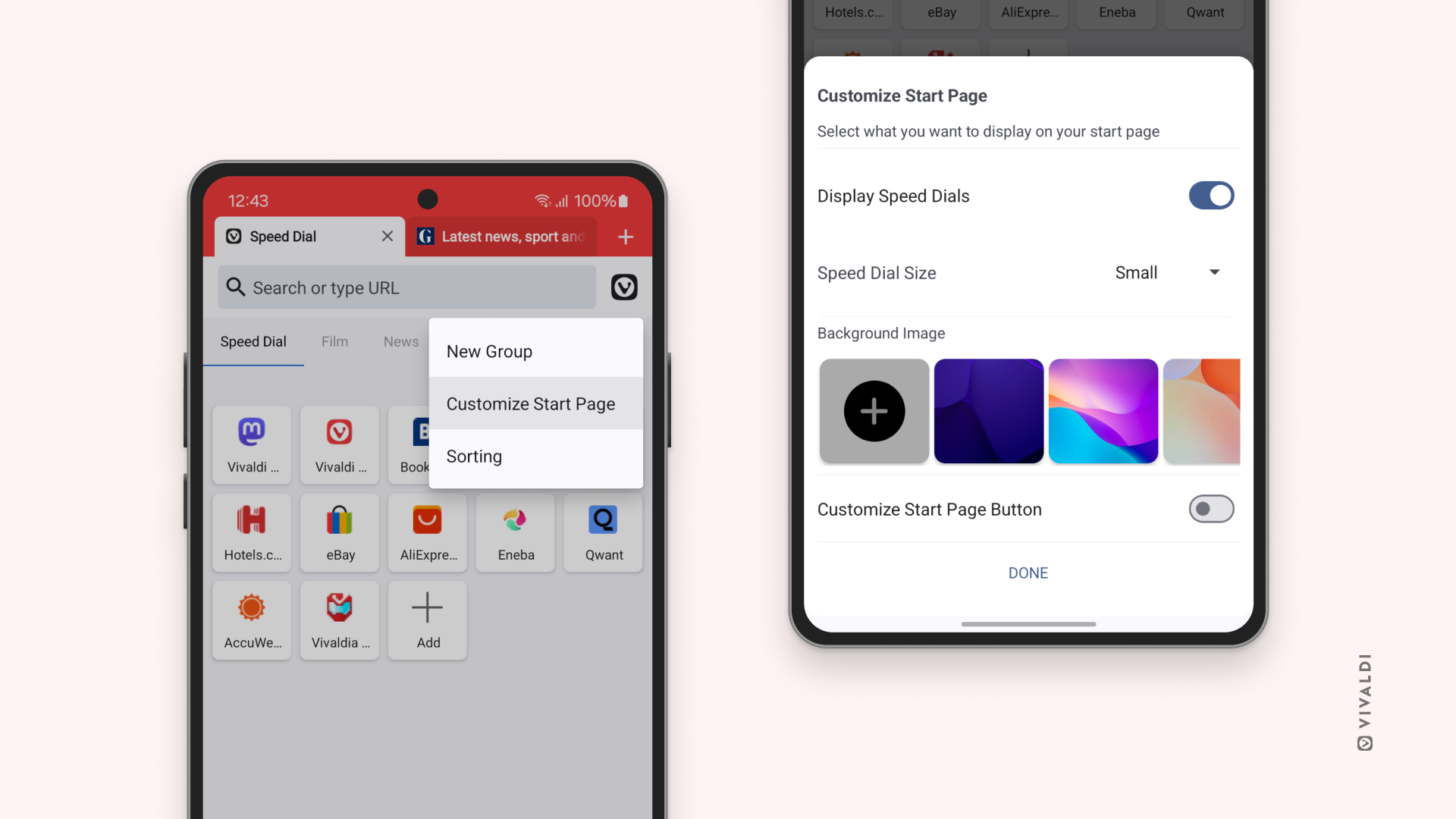 Image of two Vivaldi 6.8 browsers on Android side-by-side with one more option to customize the Start Page.