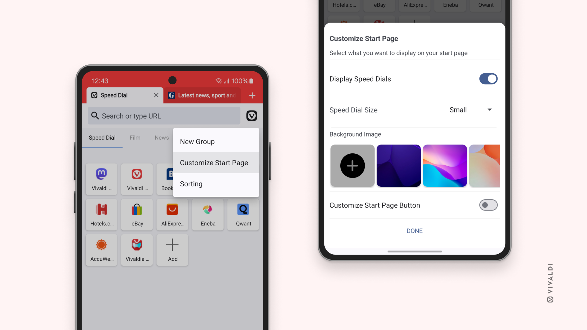 Изображение двух браузеров Vivaldi 6.8 на Android, расположенных рядом, с ещё одной возможностью настройки Экспресс-панели.