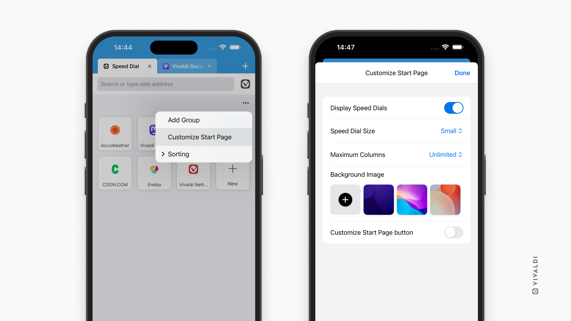 Image of two Vivaldi 6.8 browsers on iOS side-by-side with one more option to customize the Start Page.