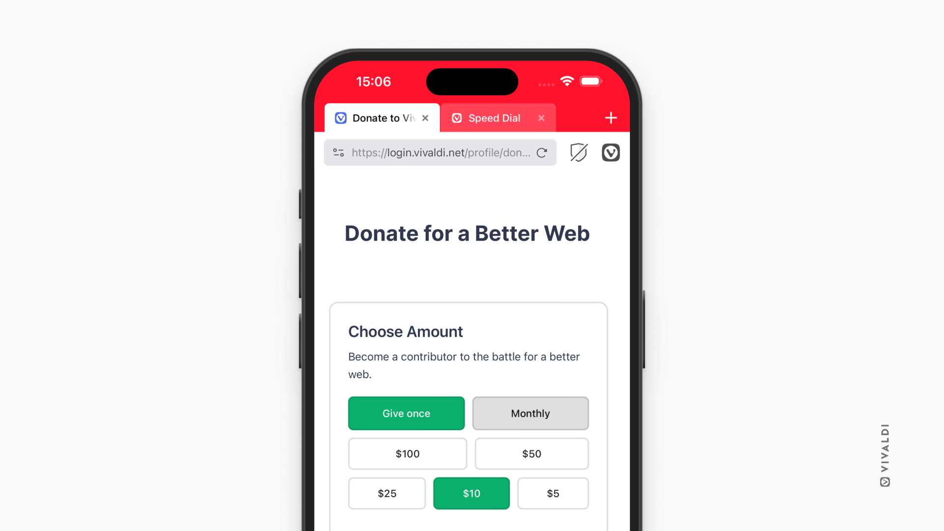 Vivaldi on iOS showing the Donation page as the active tab.