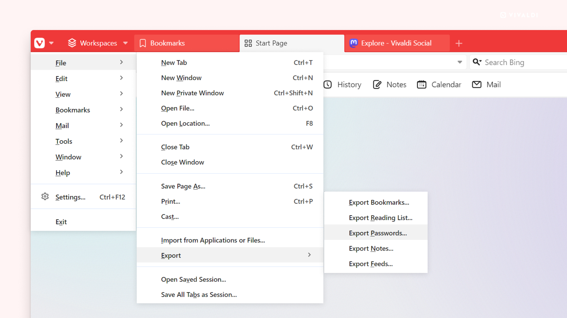 Export of passwords in the Vivaldi browser menu