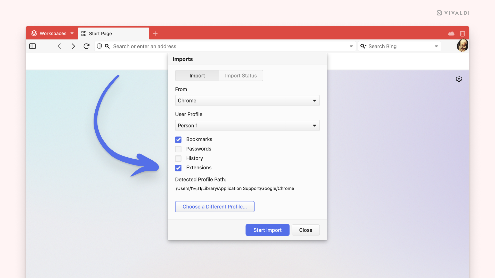 Import dialog with the option to import Extensions open in Vivaldi.