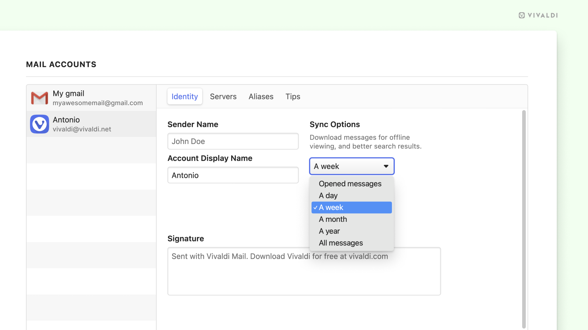 Opciones de sincronización de correos en el menú de configuración.