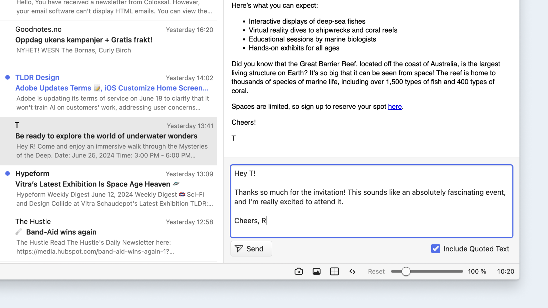 Drafted email reply in Vivaldi Mail using the new Quick Reply feature.