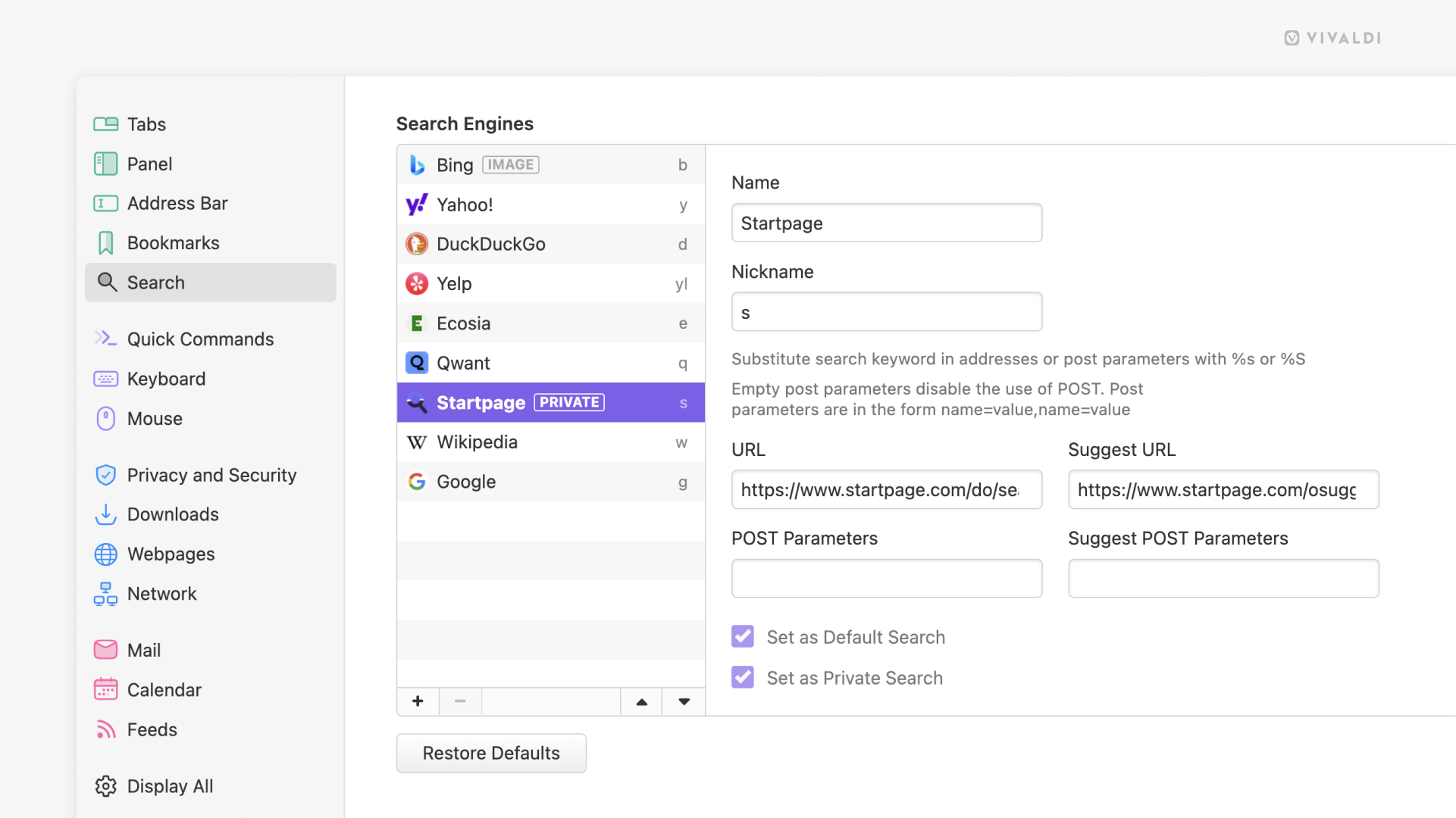 Search engine settings in Vivaldi with Startpage selected.