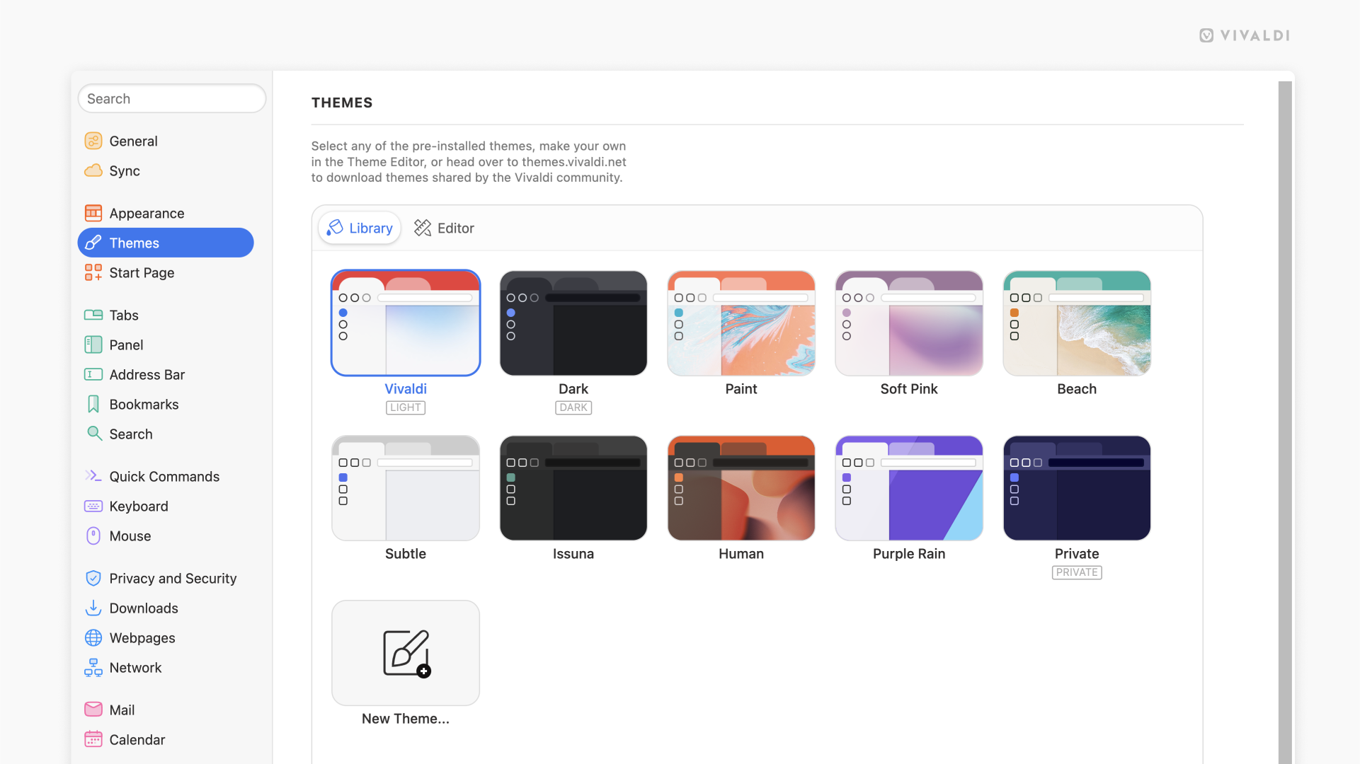 Settings page showing bundled themes, with options to install or customize additional themes.