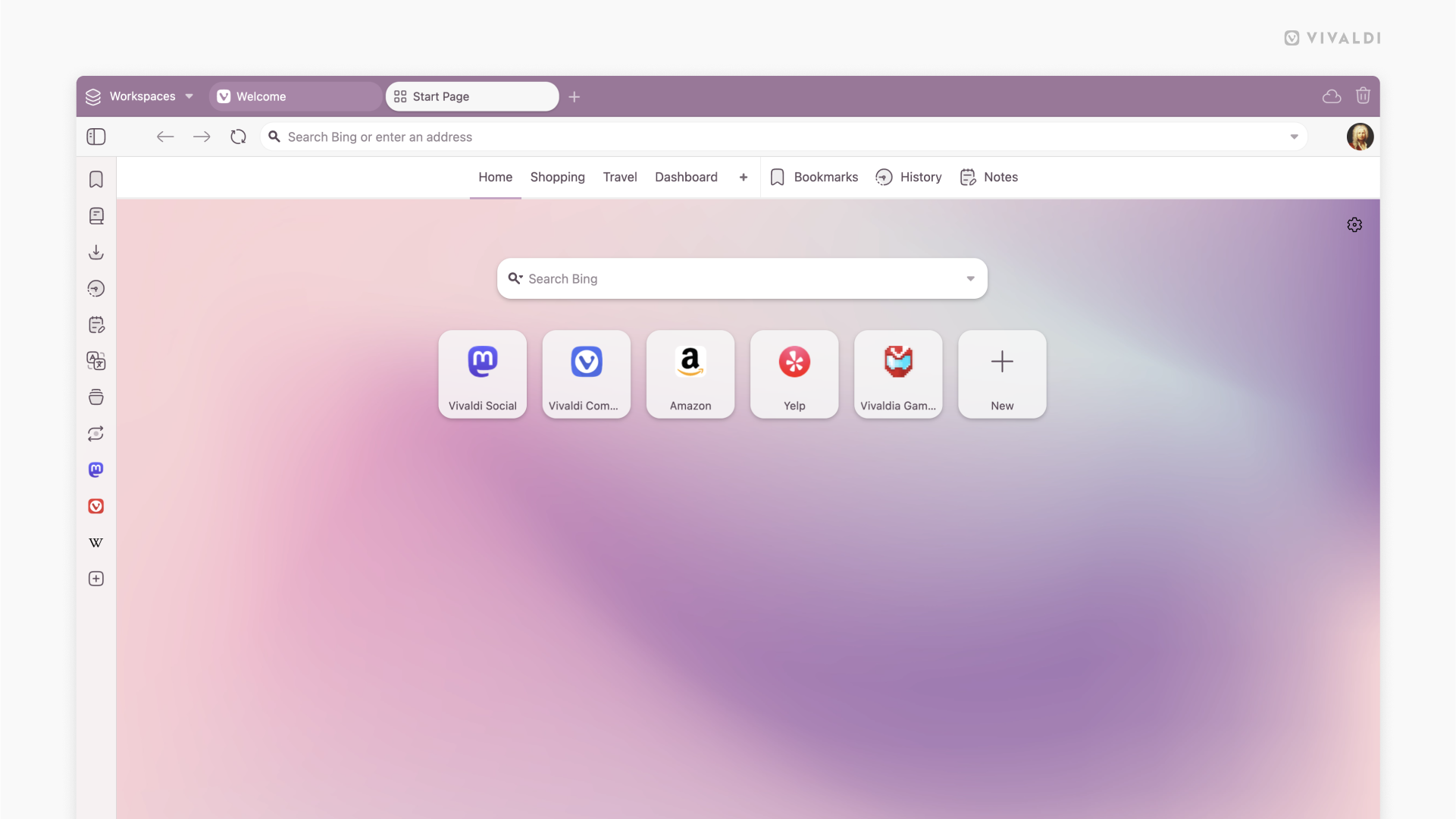 Start page with a pastel lilac theme, featuring the speed dial with integrated search.