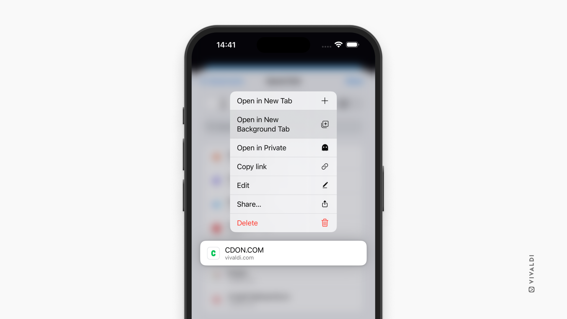 Image of Vivaldi 6.8 browser on iOS. The option to find open links in the background without disrupting your workflow has been added. 