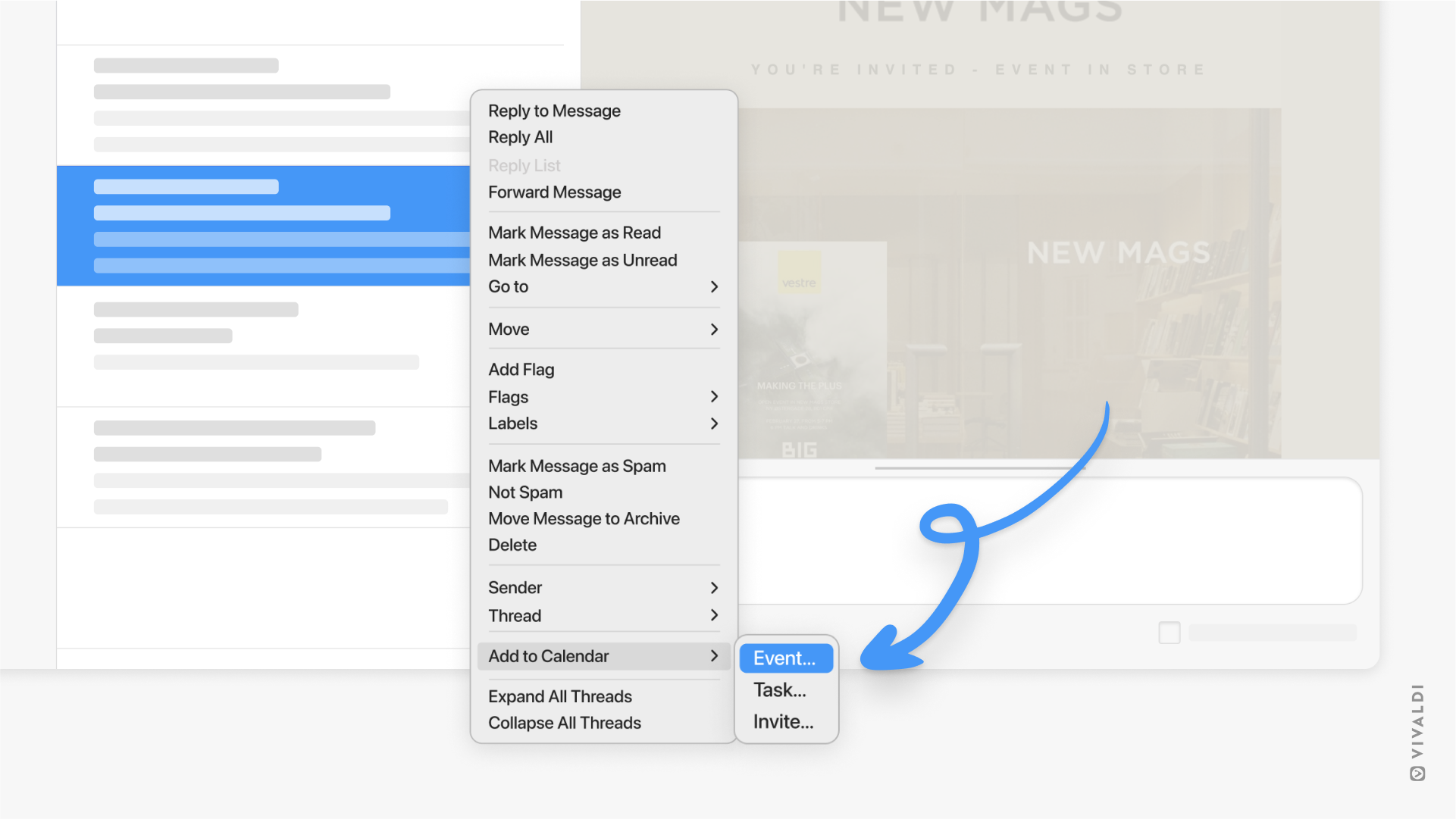 Menu contextuel du courriel dans Vivaldi Courrier, en soulignant les options « Ajouter à l’agenda ».