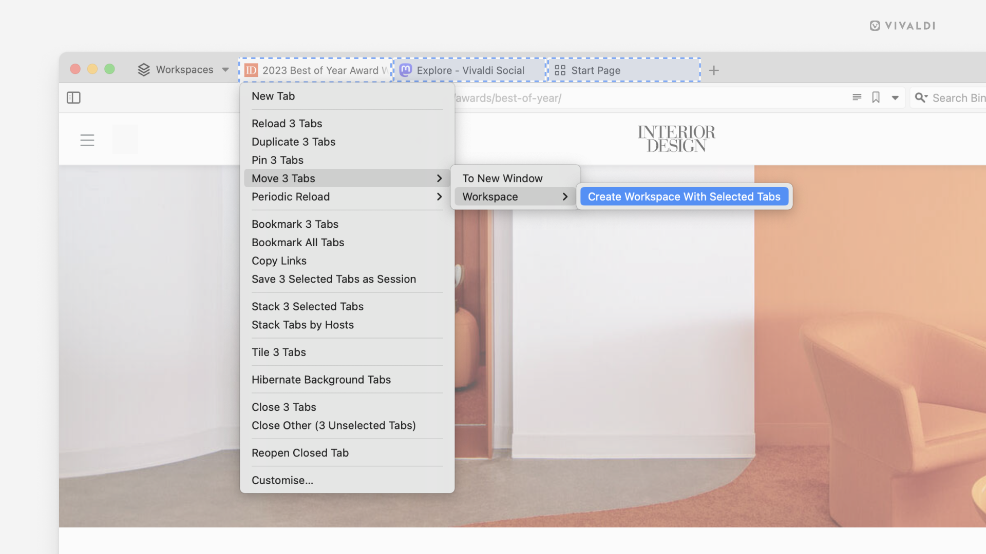 use seclection of tabs to create a Vivaldi workspace