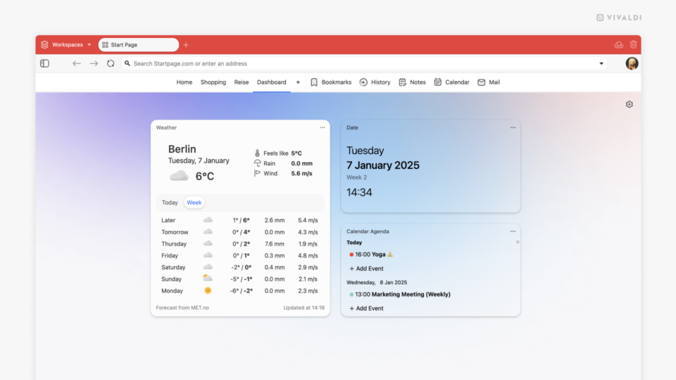 Vivaldi's Start Page Dashboard with Weather, Date and Calendar Agenda widgets.