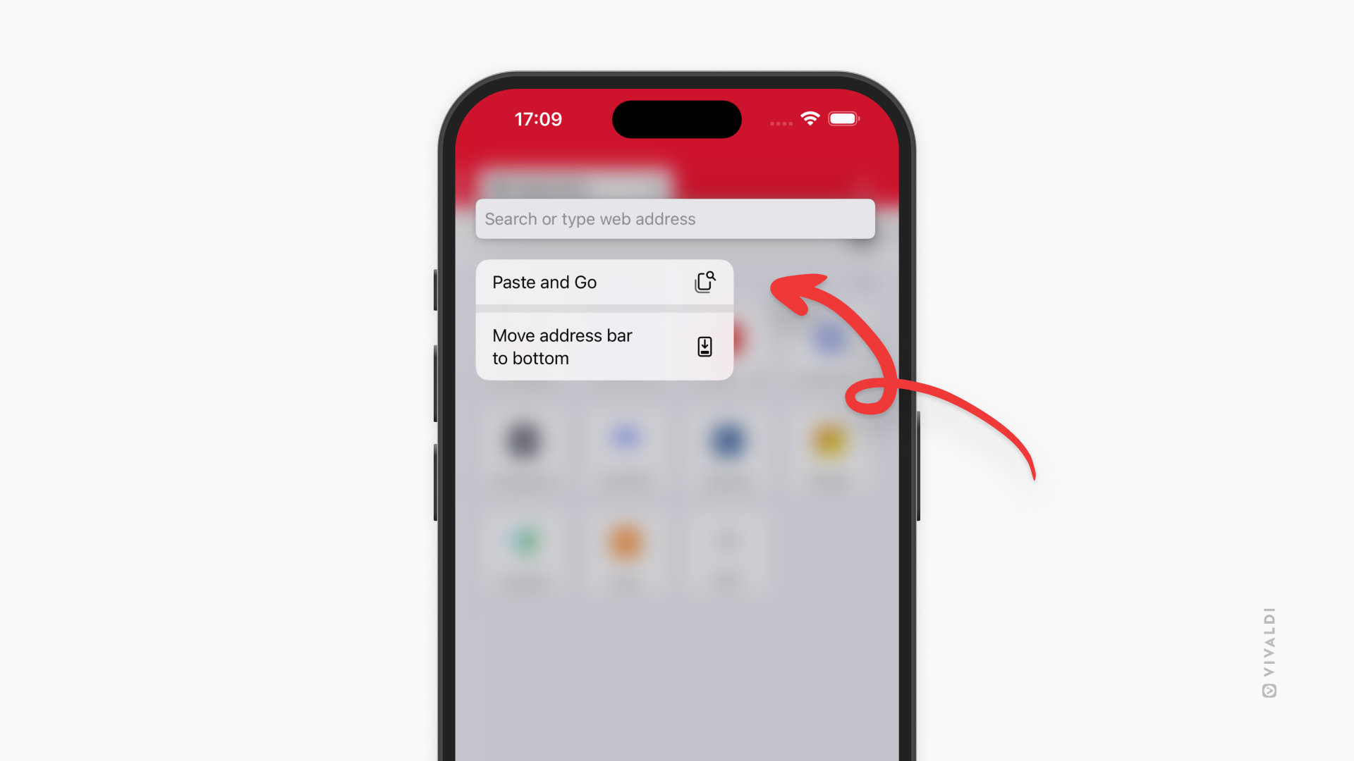 Vivaldi on iOS with Address Bar's context menu open. An arrow points at the Paste and Go option.