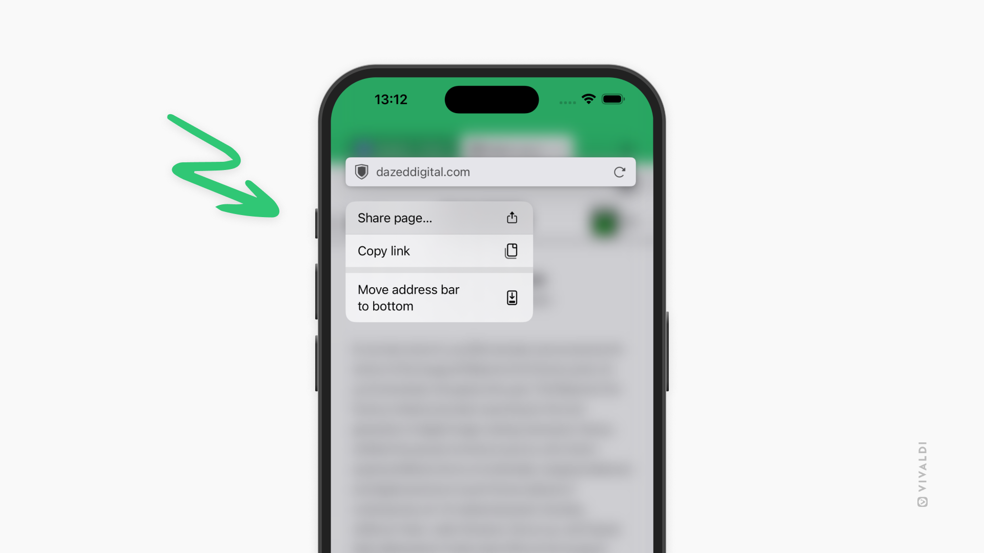 iOS 版 Vivaldi でアドレス欄のコンテキストメニューが開いていて、矢印が「ページを共有」オプションを指している状態