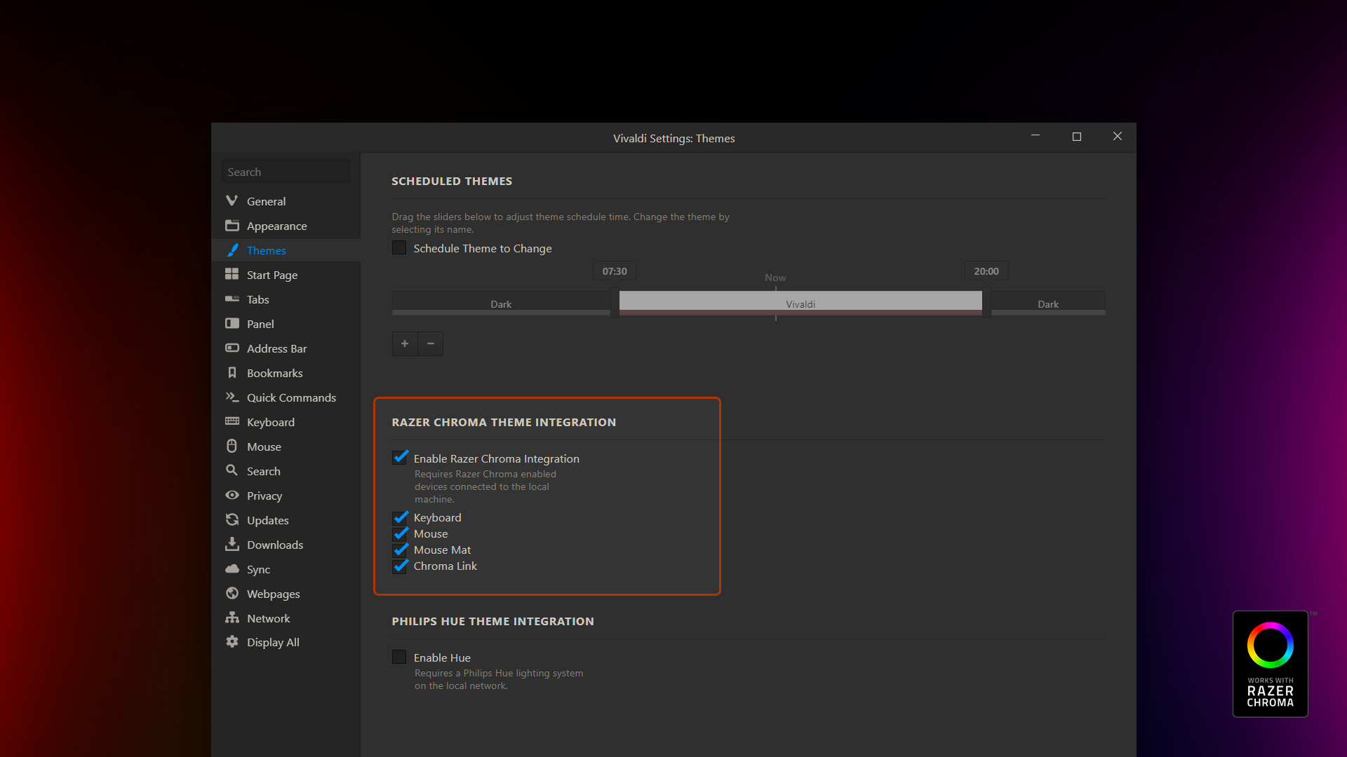 Página de configuración del navegador Vivaldi para dispositivos Razer Chroma