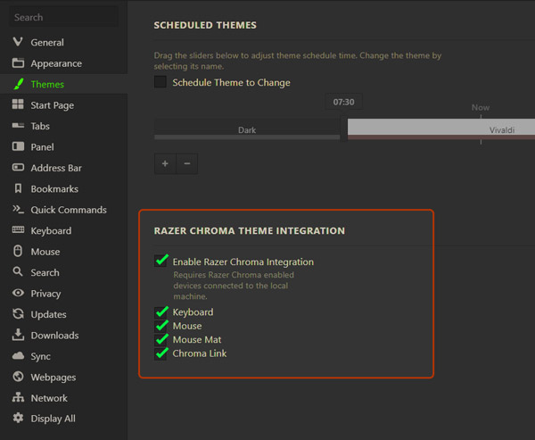 Razer Chroma integration settings in Vivaldi browser