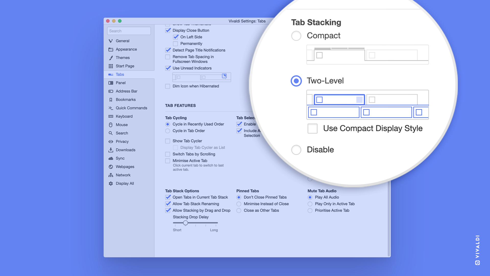 Two-Level Tab Stack and Compact View menu in Vivaldi browser.