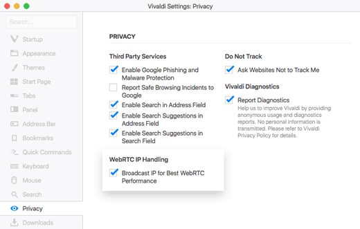 Screenshot of new WebRTC settings