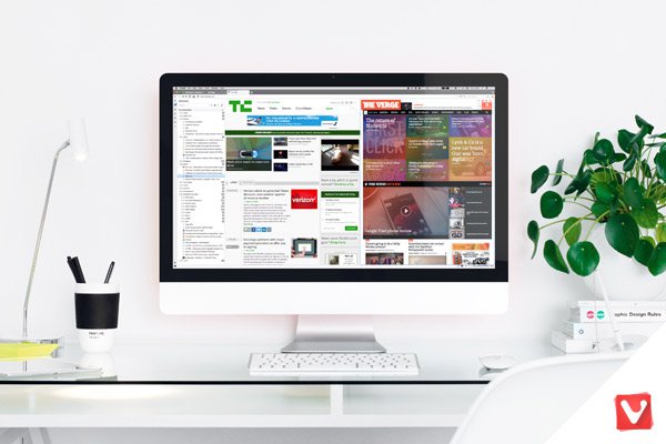 Vivaldi browser mockup with iMac and logo