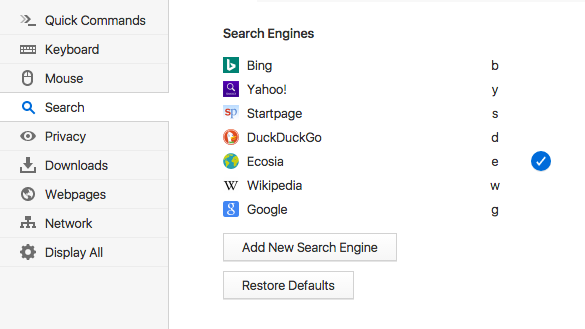 Ecosia motor de búsqueda en el navegador de Vivaldi