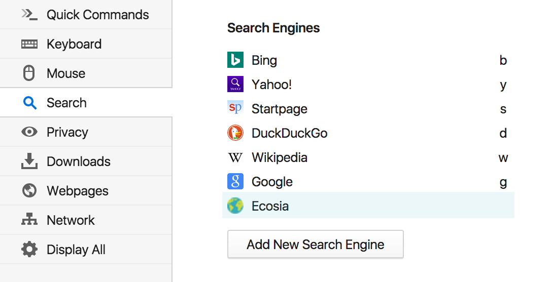 Ecosia Search Engine in Vivaldi