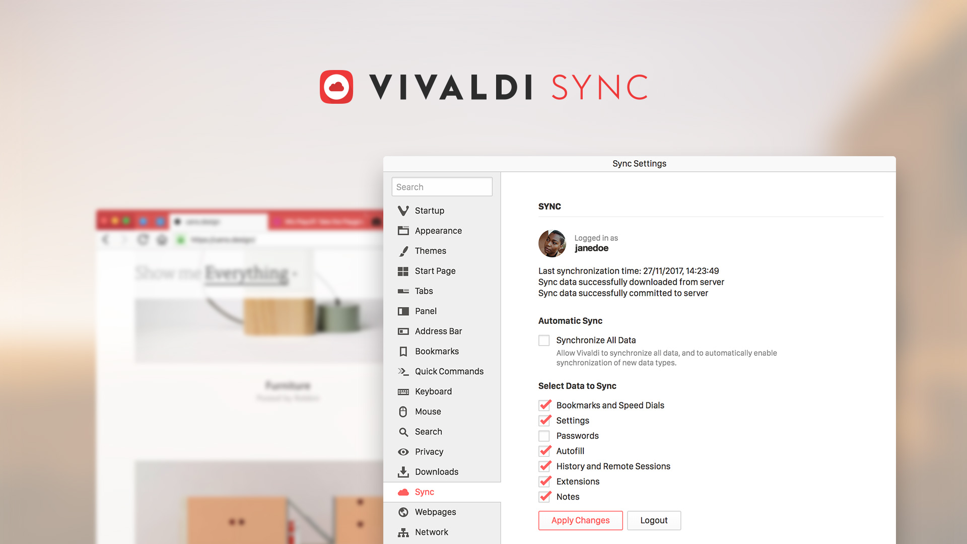 Sync settings in the Vivaldi Browser