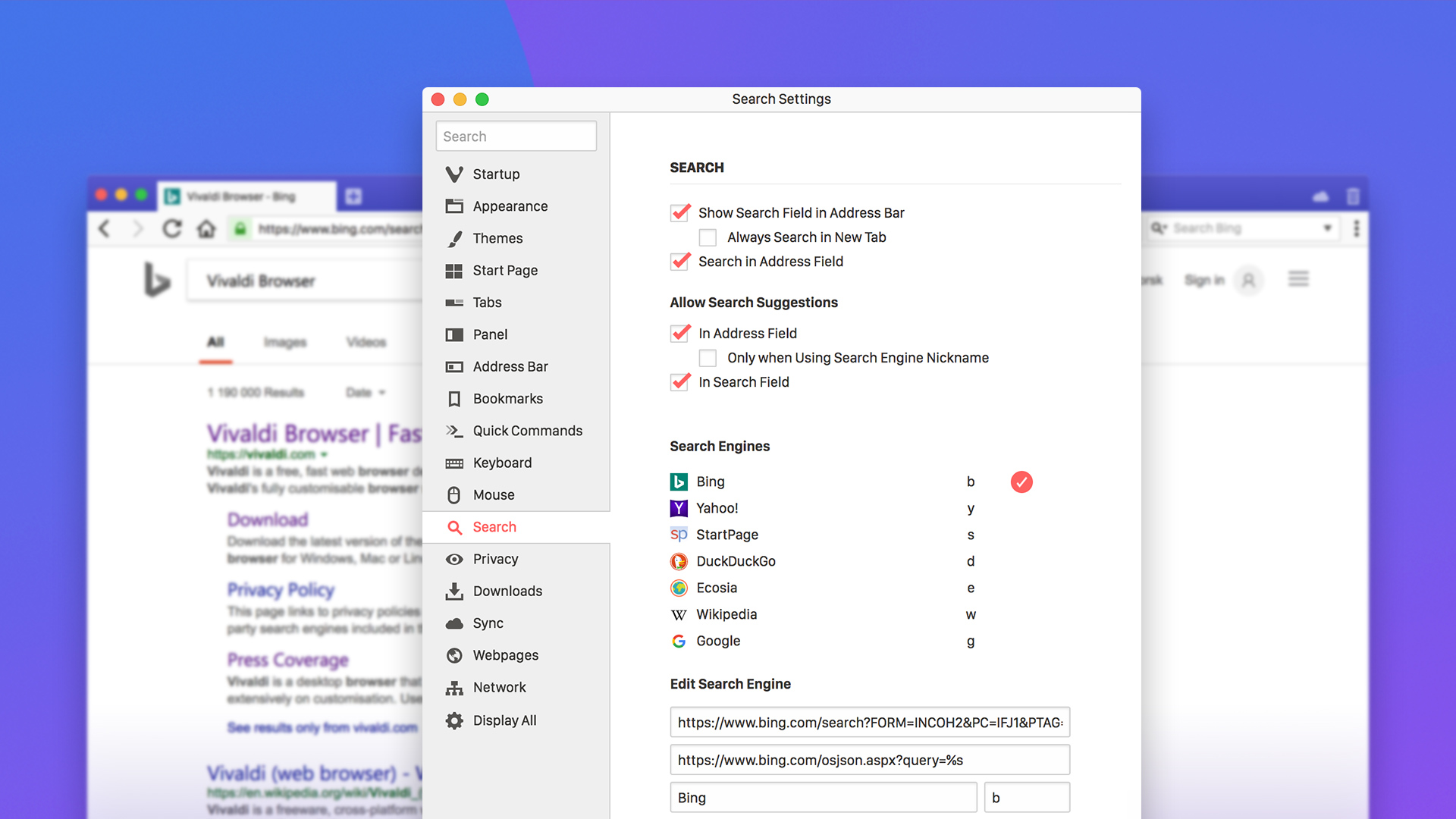 Search settings in the Vivaldi browser