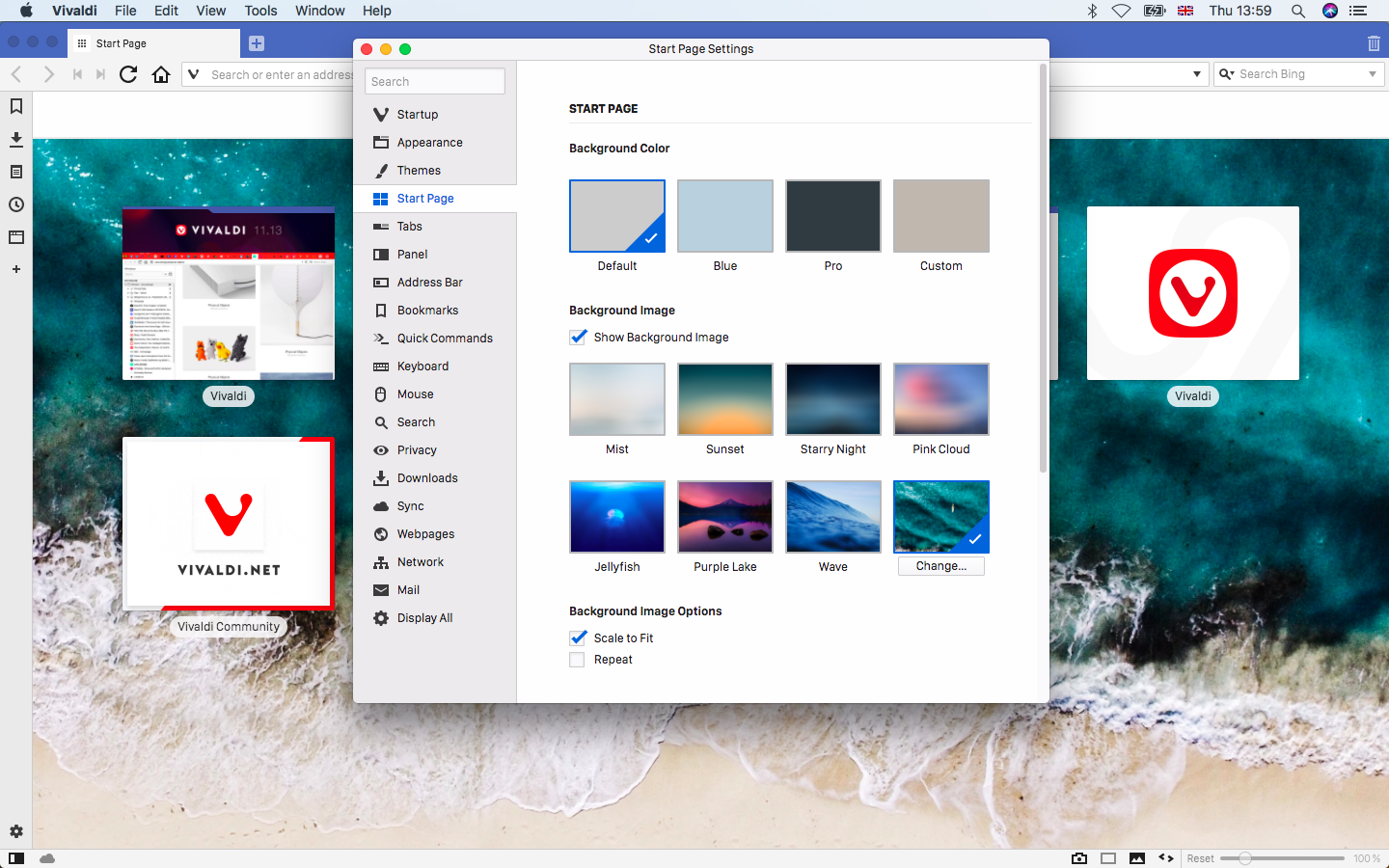 Choosing custom Start Page background for Vivaldi