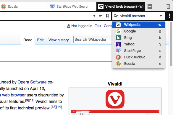 Wikipedia search in the Vivaldi browser