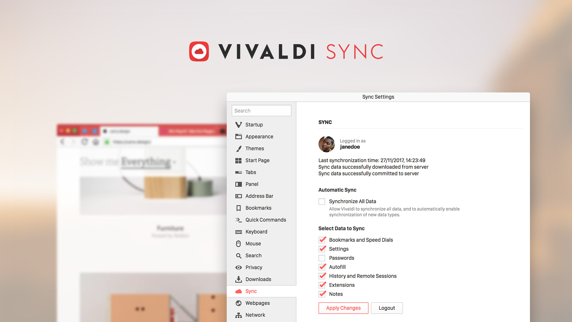 Capture d'écran montrant les paramètres de synchronisation de Vivaldi