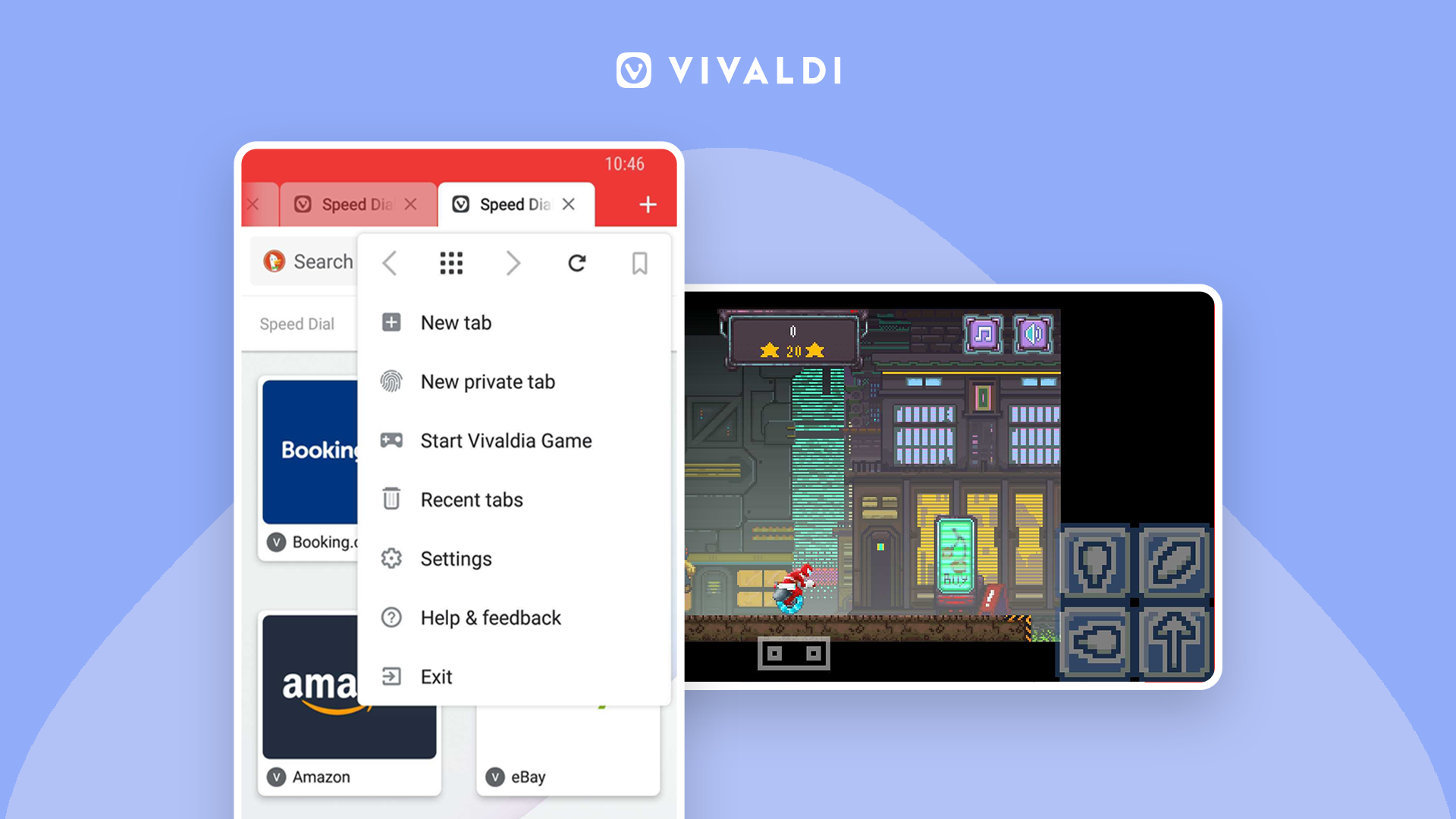 Vivaldi on Android with Vivaldia game and Speed Dials.