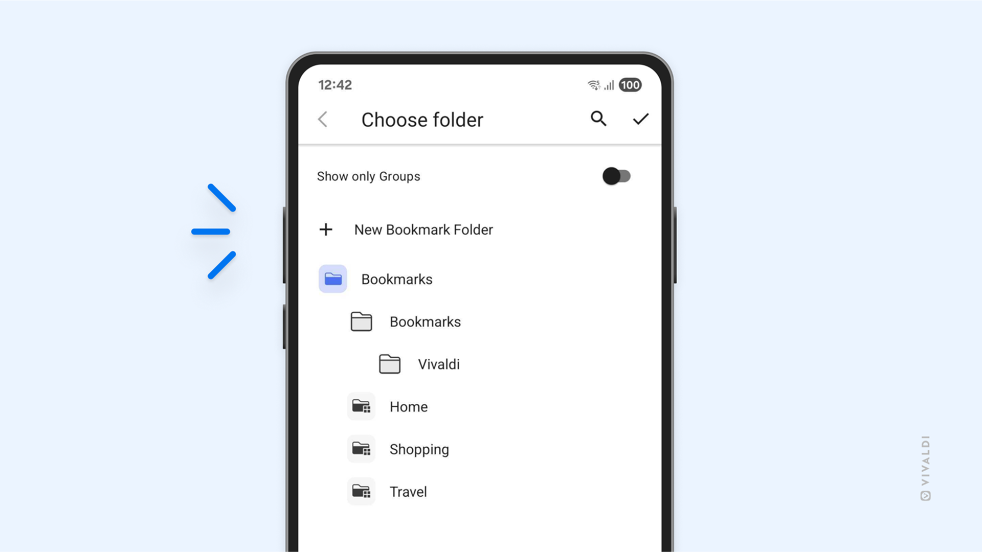 Android 版 Vivaldi のブックマーク保存ダイアログ。既存のフォルダーの上に、新しい「新規ブックマークフォルダー」オプションが表示されている。<br>