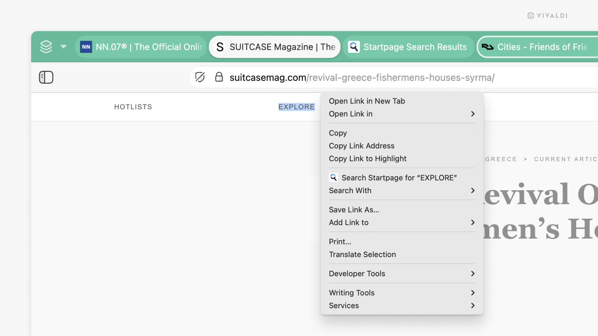 Vivaldi on Desktop UI showing a cleaned-up context menu. 