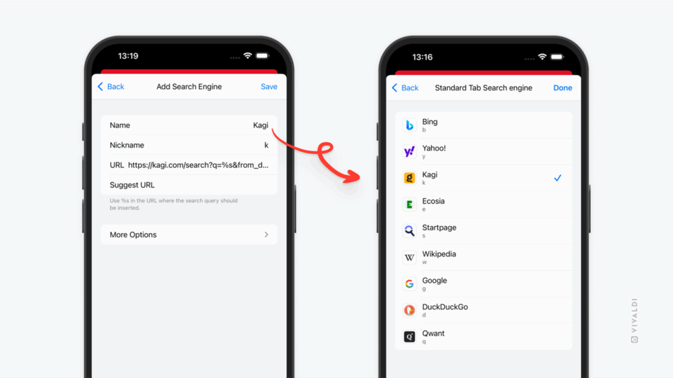 Vivaldi browser on two iPhones. The one on the left shows a page in Settings to add a new search engine. The one on the right shows the list of available search engines, including custom ones.