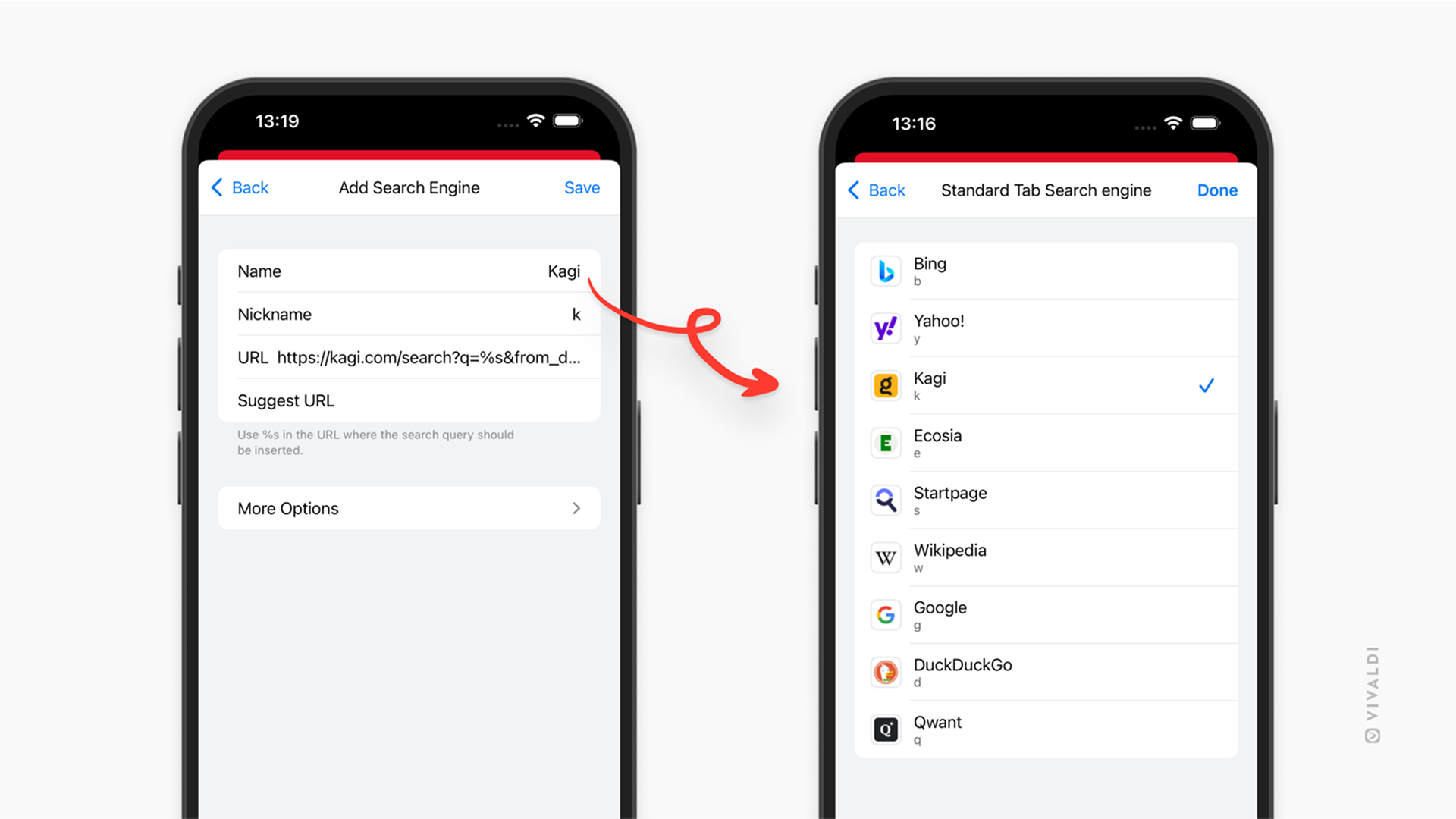 iOS版 Vivaldi の 2 枚の画像が並んで表示されている。1 枚目はカスタム検索エンジンを追加できるメニューを示し、もう 1 枚は利用可能な検索エンジンを表示している。<br>