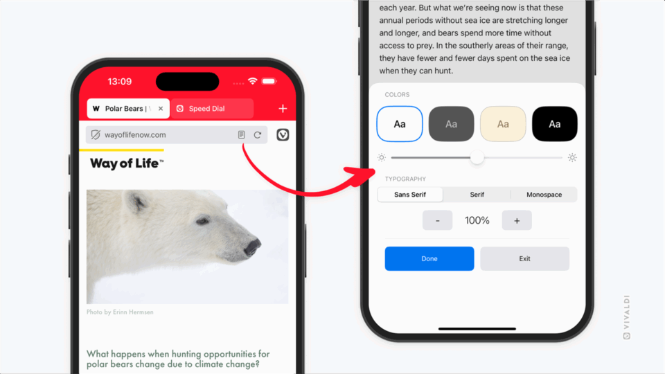Two iPhones with Vivaldi on iOS open. One shows an article with the Reader View button on the Address Bar and the other Reader View settings.
