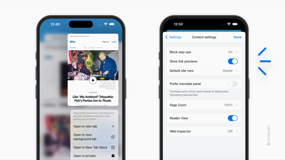 Two iPhones with Vivaldi open. The one on the left shows a web page with a link preview open. The one on the right shows Content Settings with "Show link previews" option highlighted.