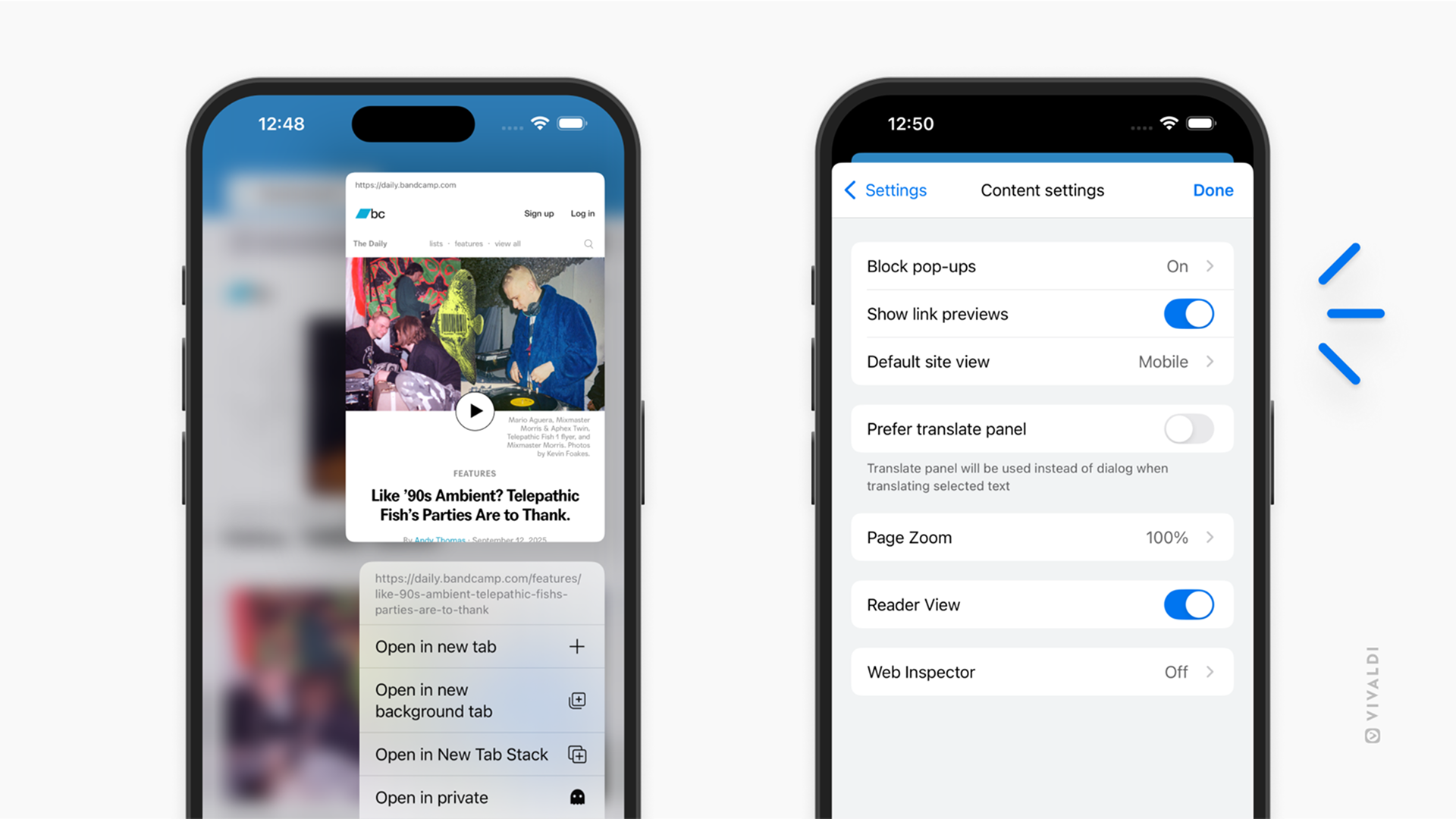 iOS版 Vivaldi の 2 枚の画像が並んで表示されている。<br>1 枚目はリンクプレビューと、リンクを新しいタブ・バックグラウンドタブ・新しいタブスタック・プライベートタブで開くためのオプションを示している。<br>2 枚目はリンクプレビューの表示を有効または無効にできる コンテンツ設定 を表示している。