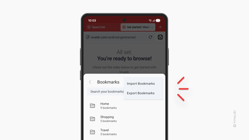 A phone with Vivaldi on Android, where vivaldi.com is and the Bookmark menu are open, showing the options to import or export bookmarks.