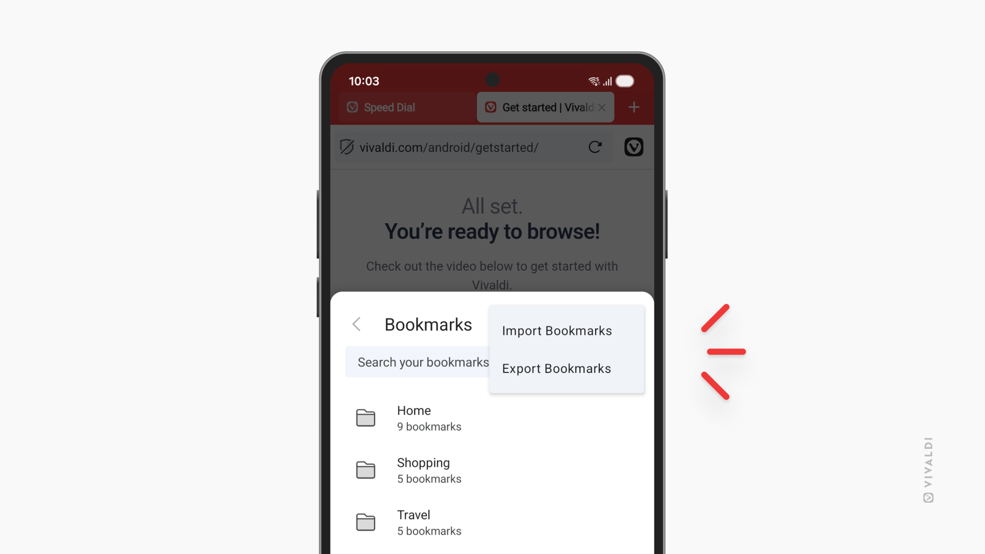 A phone with Vivaldi on Android, where vivaldi.com is and the Bookmark menu are open, showing the options to import or export bookmarks.