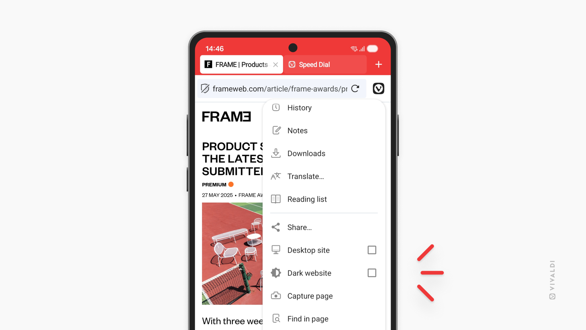 Vivaldi on Android with the Vivaldi Menu open, showing the checkbox Dark Website.