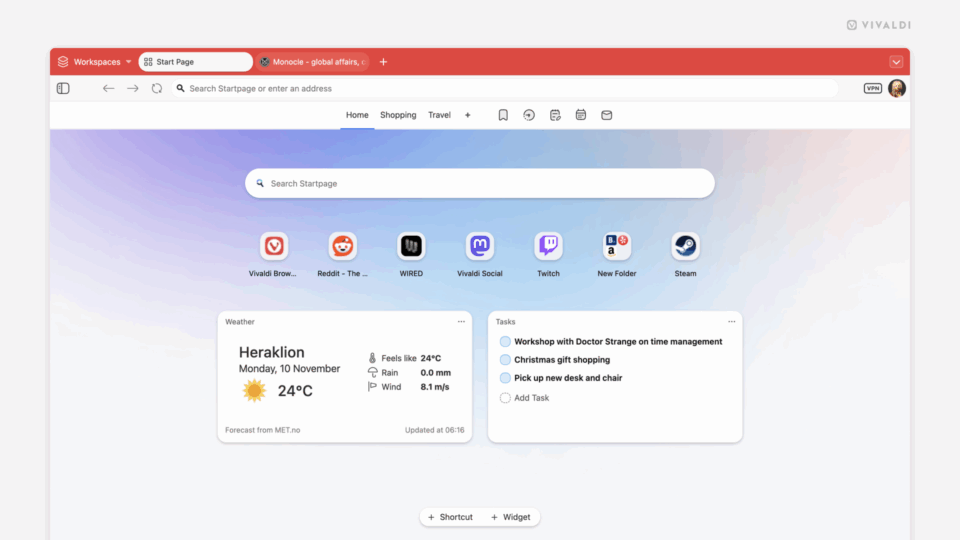 The Startpage on Vivaldi on Desktop showing first a line of Speed Dials with the weather and tasks widgets underneath.