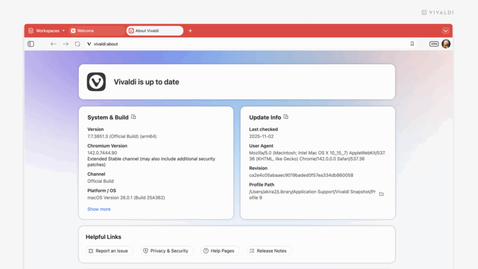 New About Page on Vivaldi with a more modern look, where the info is shown on white boxes with rounded corners, over a colourful background.